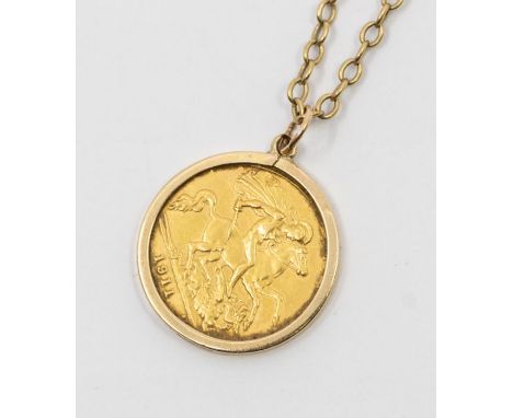 A George V half sovereign dated 191,1 mounted as a pendant on a 9ct chain, length approx 25'', weight approx 10gms Further de