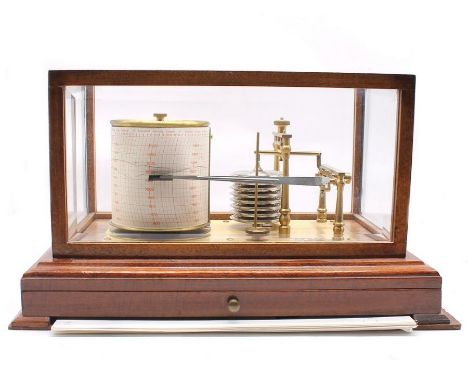 A Sewill's of Liverpool wooden cased Barograph along with a Forbes magazine. Draw to bottom opens to show spare data paper, w