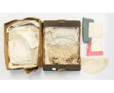 2 boxes of crochet and linen table mats and tea pot cover, tray clothes, handkerchieves in silk, Irish linen runner etc. Vint