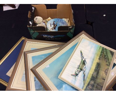 Limited edition Royal Doulton plates and tankards decorated with war planes, along with framed prints - some signed.