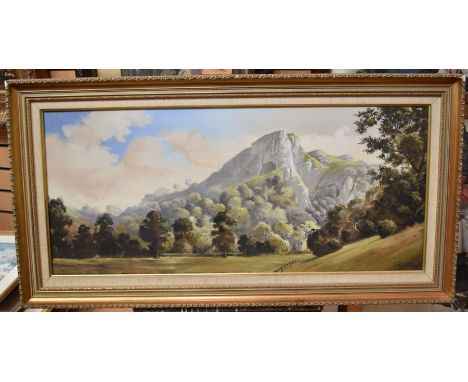 Derbyshire interest, John Grain, oil on canvas of Thor's Cave and the Manifold Valley , 38 x 90cm, signed l r,&nbsp; framed