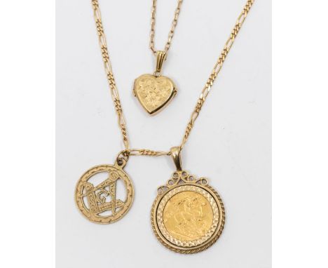 A George V sovereign dated 1913, within a 9ct gold mount suspended from a 9ct gold Figaro chain also suspending a 9ct gold Ma