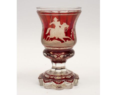 A Bohemian ruby flash glass vase, decorated with Wellington upon a horse, 7.5" high approx in good overall condition