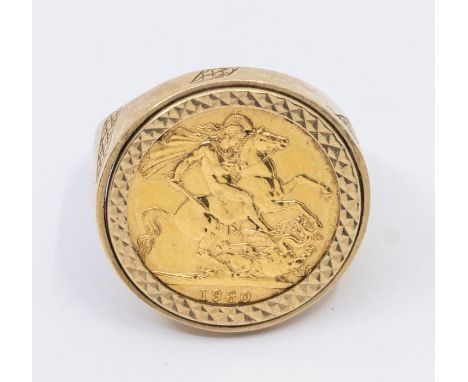 An Elizabeth II 1980 sovereign mounted as a 9ct gold ring, size V1/2, total gross weight approx 14.7gms Further details: good