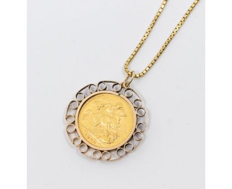 A Victorian full sovereign circa 1900, in a scrolled mount, weight approx 11gms, suspended on a 18ct gold snake link chain, l