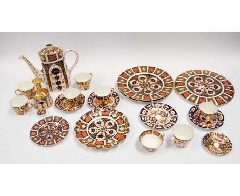 Collection of mostly Royal Crown Derby 1128 Imari including a coffee pot, cake stand, fan plate, dinner plate, table bell, al