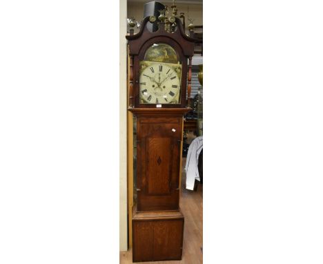 George III oak cased long case clock with arched dial with hand painted hunting scenes, 8 day, Roman numerals by W Robinson B