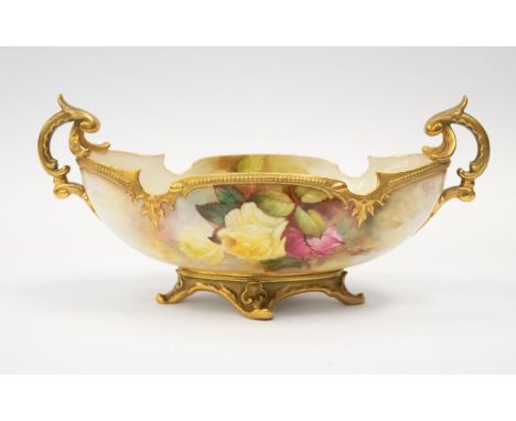 A Royal Worcester twin handled footed bowl, decorated with roses, by R Austin