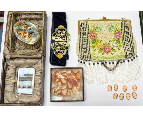 A vintage beadwork evening bag, a boxed silver and enamel brush set, featuring Japanese figure, an Edwardian velvet belt with