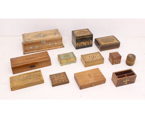 A collection of Treen boxes to include; A Tunbridge ware inlayed decorated Tea Caddy with inside cover, A large bone inlayed 