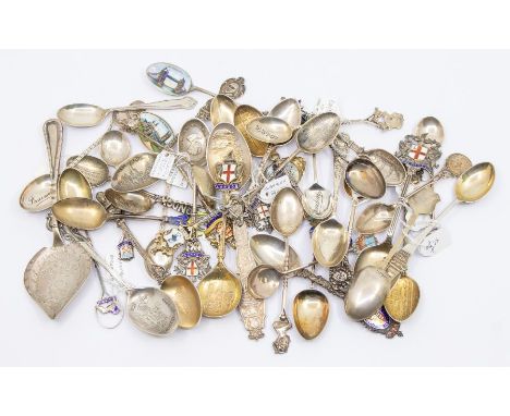 A collection of English silver souvenir spoons: Including commemorative, engraved and enamelled decoration. Some depicting pl