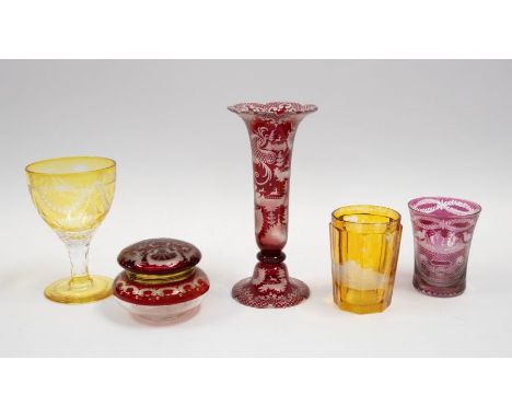 A ruby flash Bohemian glass lidded dish, together with four other items of Bohemian glass (5)
