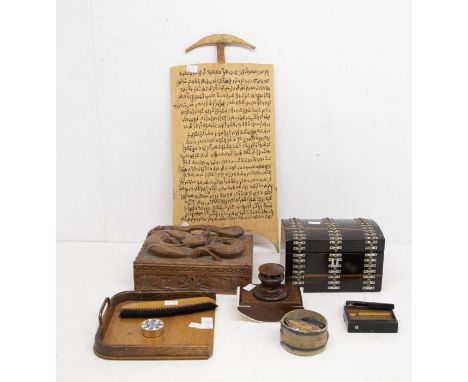 Carved wooden Chinese cigarette box with carved dragon detail along with 19th Century tea caddy ink blotter and two early 19t