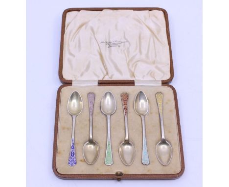 A set of six George V silver and enamel coffee spoons, slight gilding to all,  hallmarked for Birmingham 1935 by Barker Broth
