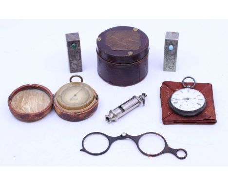 A collection of items to include a 19th century pocket barometer marked J.H Steward London, cased, a 19th century traveling a