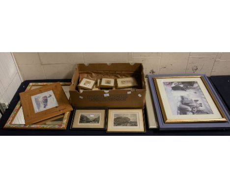 A collection of framed etchings, 19th Century wall mirrors, and modern prints