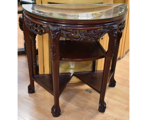 A reproduction Chinoiserie demi-lune hall table with mother of pearl inlaid detail, central shelf flanked by two lower side s