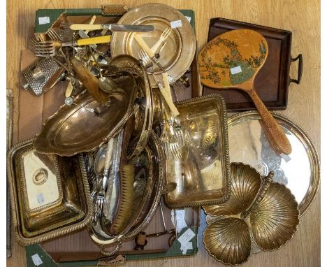 Collection of early 20th century silver plated items including tureens, fruit baskets, muffin dishes, salvers, flat ware, sov