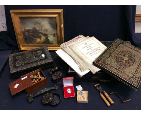 A Collectors lot to include: A painting of a river scene with church in background, A carved wooden box, a small chess box wi
