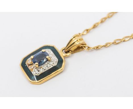 A sapphire and enamel 18ct gold rectangular pendant, comprising a central claw set oval sapphire approx 4 x 3mm, within a bor