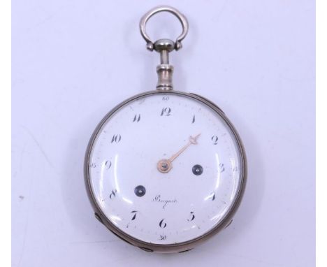 Breguet- a 19th century open faced quarter repeater silver pocket watch, with white enamel dial painted Arabic number markers