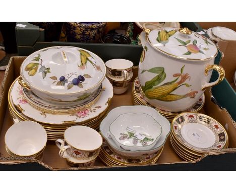 A collection of Royal Crown Derby Derby Border pattern tea and dinner wares along with Royal Worcester Evesham dinner wares