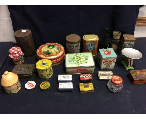 Vintage advertising tin collection and other vintage items including scales. Good quantity (1 box)