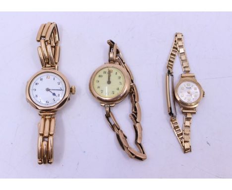 A collection of three 9ct ladies vintage wristwatch’s, to include an early 20th century 9ct gold cased watch with enamel dial