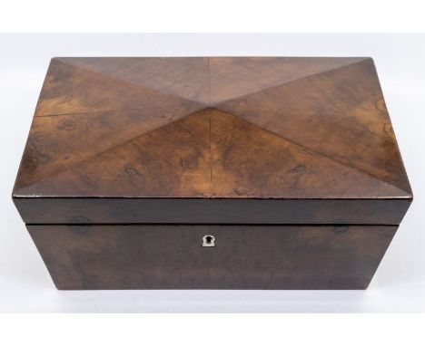 A Regency walnut veneered sarcophagus shaped tea caddy, fitted lead lined compartments, 32 cm wide x 20.1cm deep x 13.5 cm hi