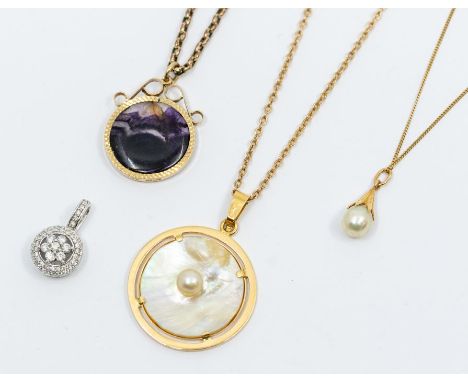 An 18ct gold and blister pearl pendant, circular design diameter approx 28mm, total gross weight approx 5gms, suspended from 