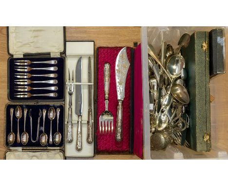 A collection of silver plated flatware to include; spoons, forks, knives, tea strainer, ladle, stilton scoop, coffee bean spo