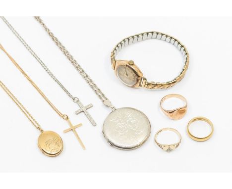 A collection of jewellery to include a 18ct gold band, size M, weight approx 3.6gms, 9ct rose gold signet ring, size O, a 9ct