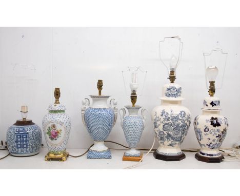 Five assorted ceramic table lamps with shades together three various cushions (2 boxes)&nbsp;