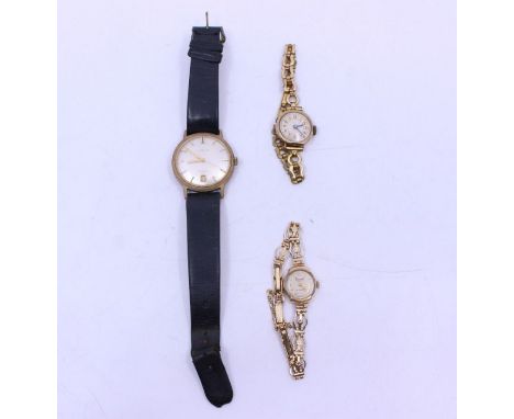 Two ladies vintage 9ct gold cased wristwatches including an Everite, both with plated straps, along with a gents 9ct gold cas