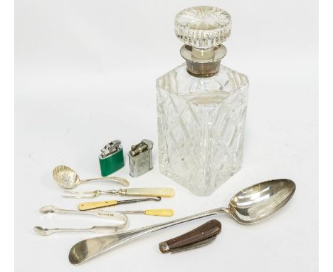 Mid 20th Century cut glass decanter with silver neck; collection of silver plate flat wares; 19th Century early 20th Century 