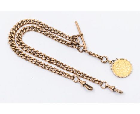 A 9ct gold graduated double Albert link chain, widest width approx 6mm, double swivel clasp with T bar fitting, total length 