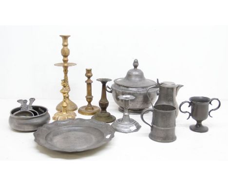 A collection of 18th &amp; 19th Century pewter mainly French, all with touch marks unless stated, to include: a large&nbsp;tu