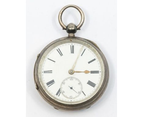 A silver cased open faced pocket watch, white enamel dial with numeral markers, subsidiary at 6, case approx 52mm, engine tur