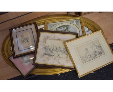 19th Century oval wall mirror, two 19th Century prints, two 19th Century sketches, plus other 19th Century prints
