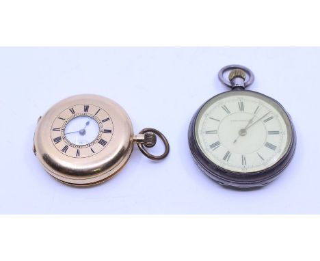 Two Pocket watches, to include a gold plated half hunter, enamel numerals to outer case, enamel dial with numeral markers and