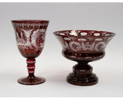 A Bohemian ruby flash glass pedestal bowl, etched with design, together with a large goblet of similar design