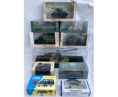 Diecast: A collection of assorted military vehicles by Atlas, Corgi and Oxford, together with a detailed model of the Wombat 