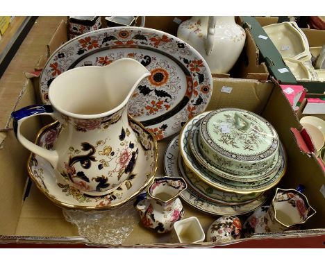 A collection of ceramics to include: Ironstone Mandalay graduated jugs and Modern washing jug and bowl, Minton H1350 tazza, R