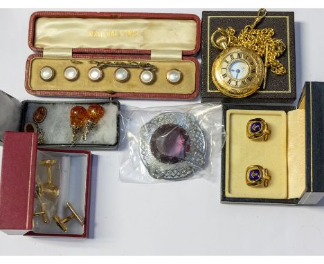 A small collection of costume jewellery to include two pairs of amber drop earrings, with silver fittings, a pair of Stratton