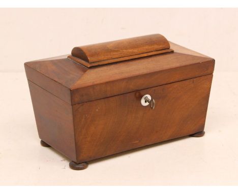 A 19th Century mahogany tea caddy in the form of a sarcophagus with two lidded internal tea compartments