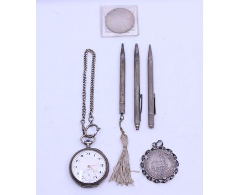 A collection of silver items to include a silver 800 open faced pocket watch, white enamel dial Arabic number markers, subsid