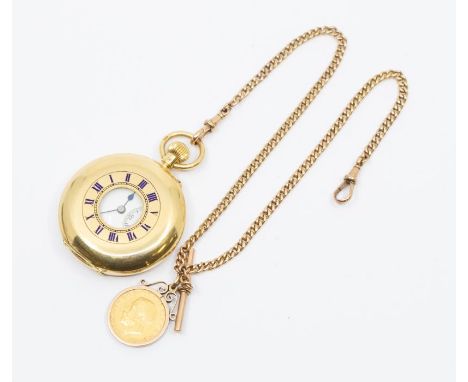 An early 20th century 18ct gold half hunter pocket watch, blue guilloche enamel numerals to outer case, the white enamel dial
