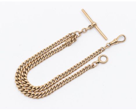A 9ct gold double Albert chain, width approx 4mm, with toggle, bolt clasp and  T bar, length approx 15'', each link stamped 3