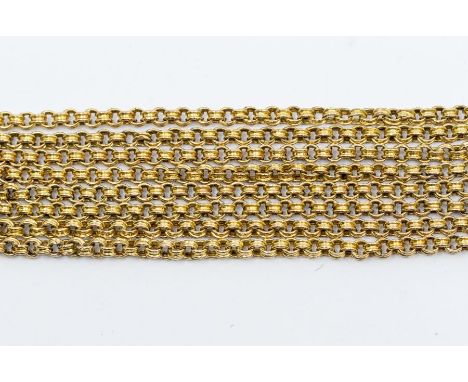 An unmarked yellow metal guard chain, width approx 3mm,  swivel clasp marked 9ct gold length approx 58'', weight approx 24gms