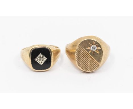 A gents 9ct gold oval signet ring with star set cubic zirconia and engraved decoration, width approx 18mm, size X, along with